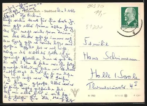 AK Köthen /Anh., Stadtbad, Schwimmbecken, Sprungturm, Liegewiese