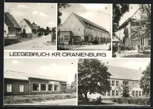 AK Leegebruch /Oranienburg, Karl-Marx-Strasse, Eichenallee, Volkshaus, Konsum-Kaufhalle, Oberschule