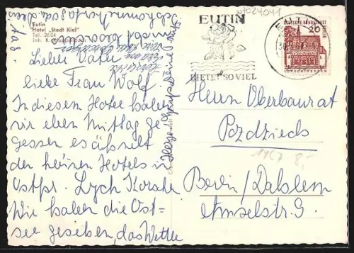 AK Eutin, Hotel Stadt Kiel, Café, Restaurant