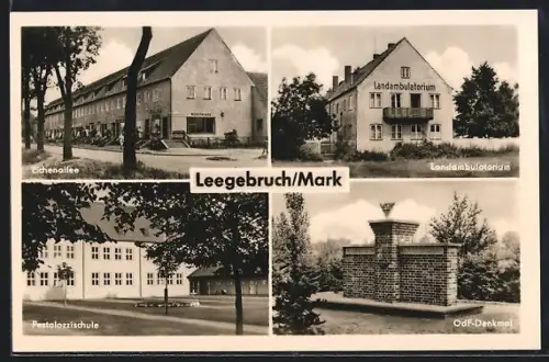 AK Leegebruch, Eichenallee, Pestalozzischule, OdF-Denkmal, Landambulatorium
