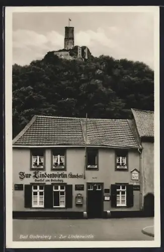 AK Bad Godesberg, Gasthof Zur Lindenwirtin mit Burg im Hintergrund