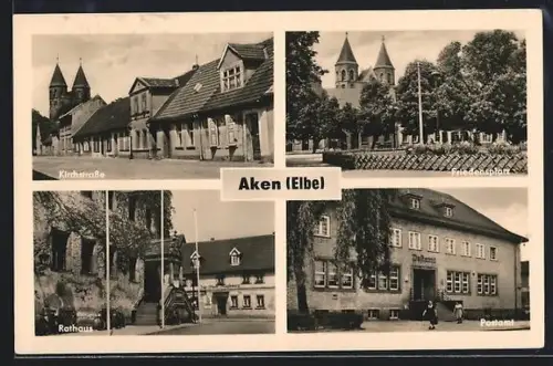 AK Aken a. Elbe, in der Kirchstrasse, auf dem Friedensplatz, vor dem Rathaus, am Postamt