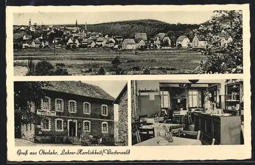 AK Oberlahr /Westerwald, Gasthaus Pension zur Post, Besitzer A. Dickopf, Ortsansicht vom Feld aus