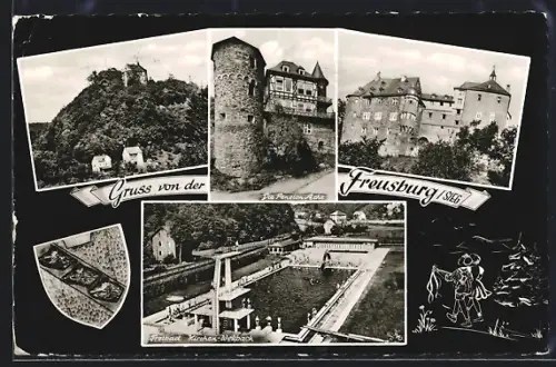 AK Freusburg an der Sieg, Pension Aache, Freibad, Blick auf die Burg