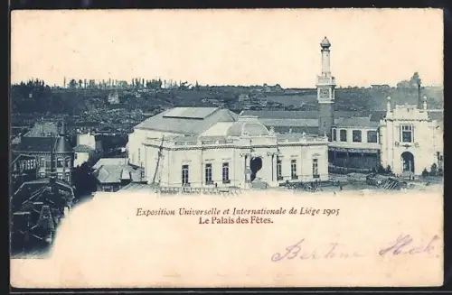 AK Liége, Exposition Universelle 1905, Le Palais des Fetes, rückseitig allegorische Figur mit Wappen
