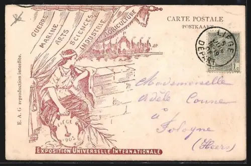 AK Liége, Exposition Universelle 1905, Le Palais des Fetes, rückseitig allegorische Figur mit Wappen