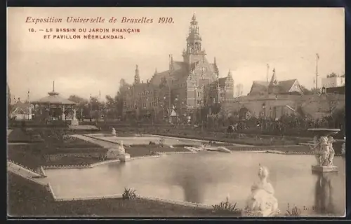 AK Bruxelles, Exposition Universelle 1910, Le Bassin du Jardin Francais et Pavillon Néerlandais