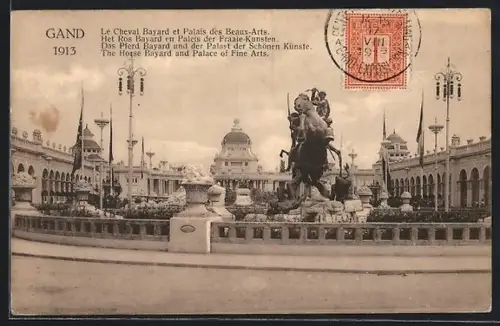 AK Gand, Weltausstellung 1913, das Pferd Bayard und der Palast der Schönen Künste