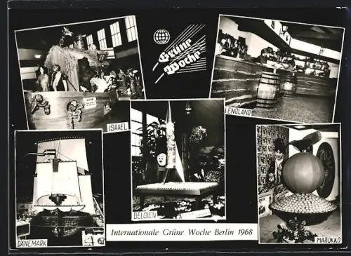 AK Berlin, Internationale Grüne Woche 1968, Stände von Belgien, Dänemark, England, Marokko, Israel