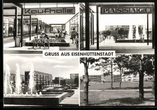 AK Eisenhüttenstadt, Kaufhalle, Passage, Wasserspiele