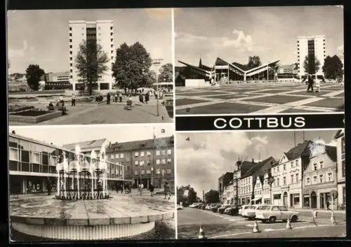 AK Cottbus, Milch-Mocca-Bar Cosmos, Springbrunnen und Volksbuchhandlung Jenny Marx, Hochhaus im Stadtzentrum