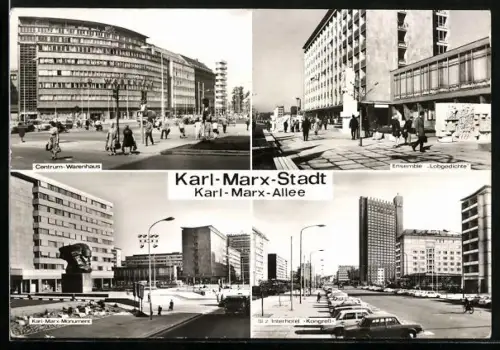 AK Karl-Marx-Stadt, Karl-Marx-Allee, Centrum-Warenhaus, Ensemble Lobgedichte