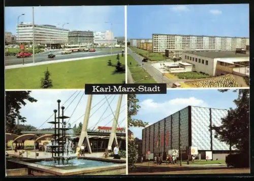 AK Karl-Marx-Stadt, Robotron - Zentrum für Forschung, Omnibusbahnhof, Ausstellungshalle am Schlossteich