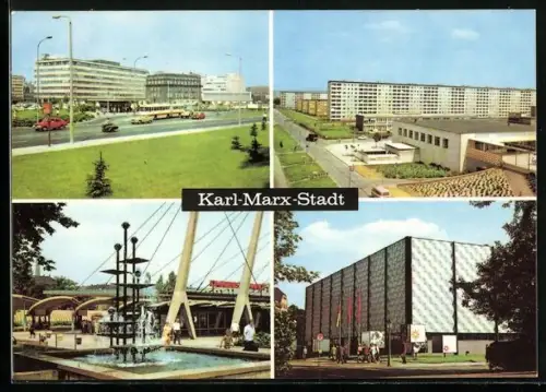 AK Karl-Marx-Stadt, Robotron - Zentrum für Forschung, Omnibusbahnhof, Ausstellungshalle am Schlossteich