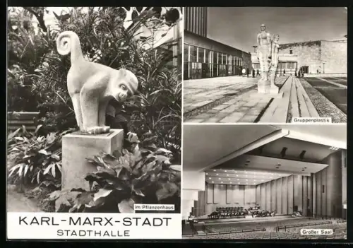 AK Karl-Marx-Stadt, Stadthalle, Affe im Pflanzenhaus, Gruppenplastik, Inneres grosser Saal