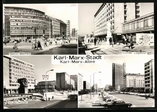 AK Karl-Marx-Stadt, Karl-Marx-Allee, Centrum-Warenhaus, Ensemble Lobgedichte