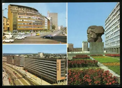AK Karl-Marx-Stadt, Karl-Marx-Allee, Strasse der Nationen, Karl-Marx-Monument