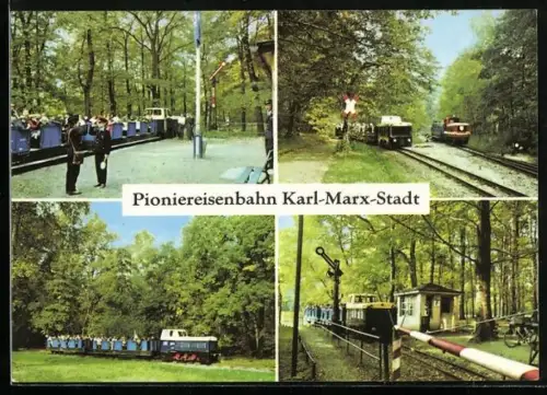 AK Karl-Marx-Stadt, Pioniereisenbahn, Bahnhof Neues Leben, Freie Strecke, Bahnbetriebswerk