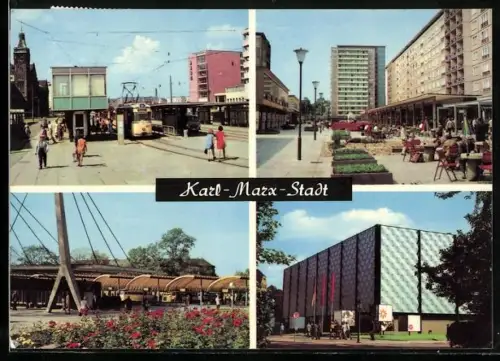 AK Karl-Marx-Stadt, Omnibusbahnhof, Ausstellungshallen am Schlossteich