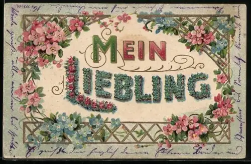 AK Mein Liebling, bunte geprägte Blumen am Gitter
