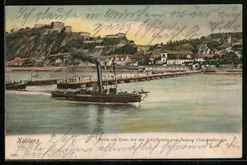 AK Koblenz, Festung Ehrenbreitstein mit Partie am Rhein mit Schiffbrücke