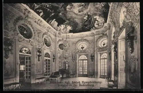 AK München, Königliches Schloss Nymphenburg, Festsaal in der Badenburg