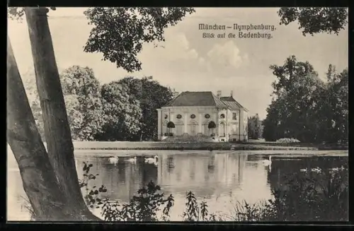 AK München-Nymphenburg, Blick auf die Badenburg mit See