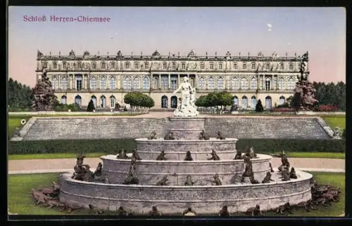AK Herren-Chiemsee, Schloss mit Brunnen und Parkanlagen