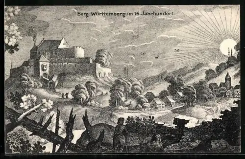 Lithographie Burg Württemberg, Aussenansicht der Burg mit umgebendem Ort und Sonne