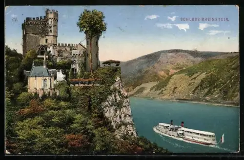 AK Schloss Rheinstein, Partie mit Schaufelraddampfer