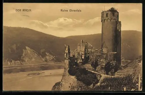 AK Ehrenfels, Ruine mit Rheinpartie und Boot
