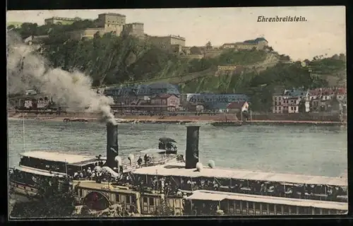 AK Ehrenbreitstein, Flusspartie mit Festung und Flussdampfer