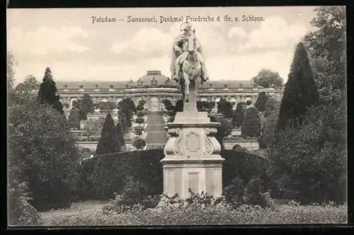 AK Potsdam-Sanssouci, Denkmal Friedrichs des Grossen und Schloss