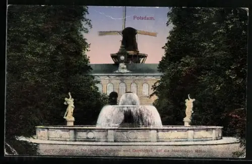 AK Potsdam, Schloss Sanssouci, Glocken-Fontaine mit Durchblick auf die Historische Mühle