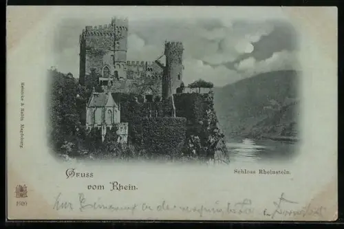 Mondschein-AK Schloss Rheinstein mit Rheinpartie