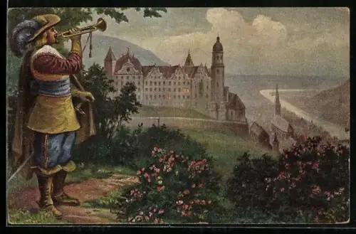 Künstler-AK Alt-Heidelberg a. Neckar, Schloss mit Trompeter