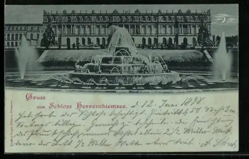 Mondschein-AK Chiemsee, Schloss Herrenchiemsee mit Brunnen