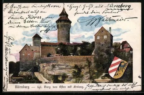 AK Nürnberg, Königliche Burg von Osten mit Freiung, Wappen