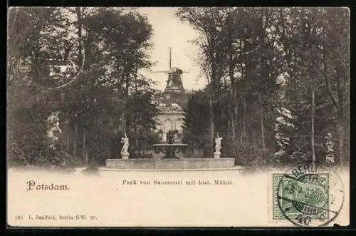 AK Potsdam, Park von Sanssouci mit historischer Mühle