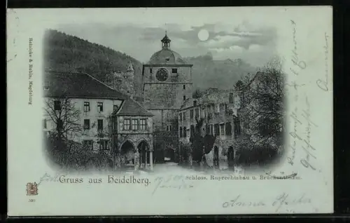 Mondschein-AK Heidelberg, Schloss Ruprechtsbau und Brückenturm