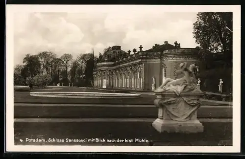 AK Potsdam, Schloss Sanssouci mit Blick nach der historischen Mühle