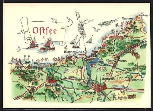 AK Rostock, Ostsee I, Landkarte der Region um die Stadt