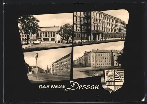 AK Dessau, Strassenbahn, Café Tirana, Strassenpartie und Wappen