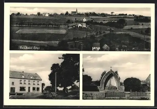 AK Rescheid /Eifel, Geschäft, Denkmal und Totalansicht