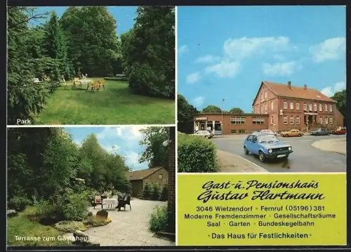 AK Wietzendorf, Gast- u. Pensionshaus Gustav Hartmann, Aussenansicht, Park, Terrasse