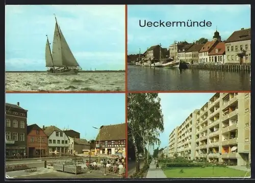 AK Ueckermünde, Pionierschiff Immer Bereit, Blick zum Hafen, Karl-Marx-Platz