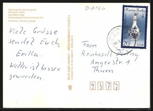 AK Ueckermünde, Pionierschiff Immer Bereit, Blick zum Hafen, Karl-Marx-Platz