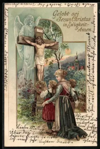 Lithographie Engel, betende Kinder am Kreuz Jesu