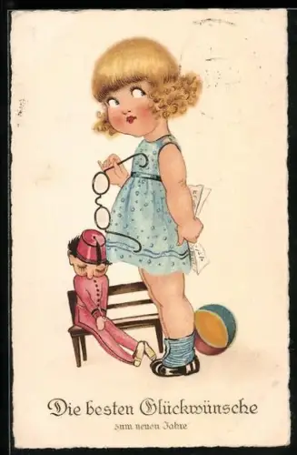 AK Mädchen mit Puppe, Ball und Brille, Neujahrsgruss