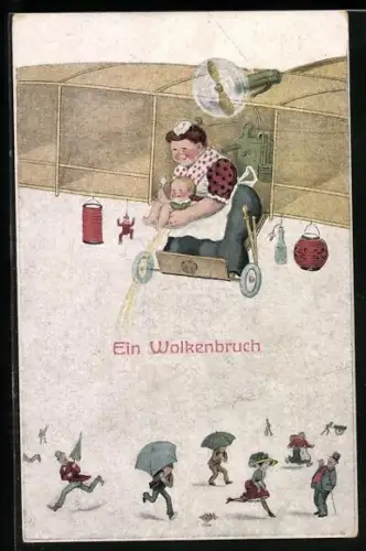 AK Baby pullert aus Flugzeug auf Leute mit Schirm